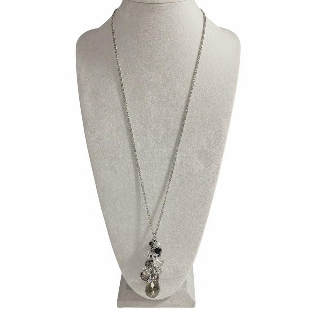 Beaded Pendant Necklace Silver Tone Chain Metal Acrylic Smoky Clear Metal Beads